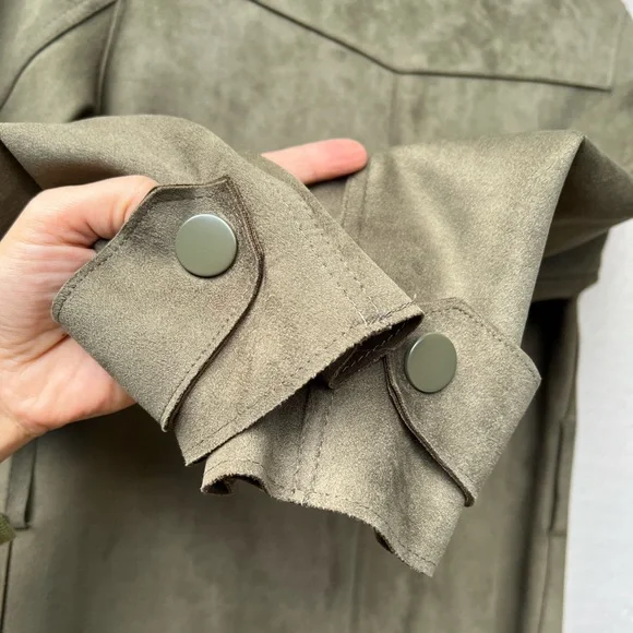 Zara Basic full length faux suede army green button up collared trench coat - Picture 13 of 15
